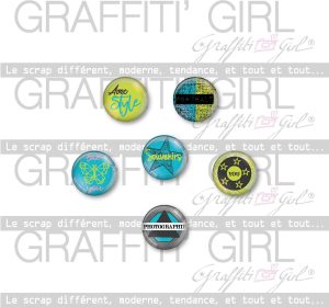 Badges "Moderne" bleu, jaune, graphique, rond, cercle, style, vert anis, portrait, photo, scrapbooking , scrap, graffiti