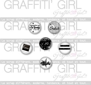 Badges "N&B" noir et blanc, black and white, texte français, polaroid, star, espace, oeillet, grillage, quadrillage, grille