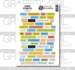 Planche d'étiquettes type die-cuts taille A5, avec des mots facile à utiliser en journaling, de différentes couleurs et tailles.
